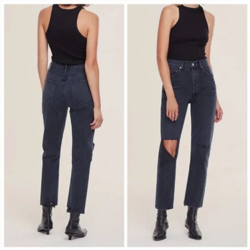 AGOLDE Riley High Rise Straight Jeans Crop Contraband Washed Black Button Fly 31